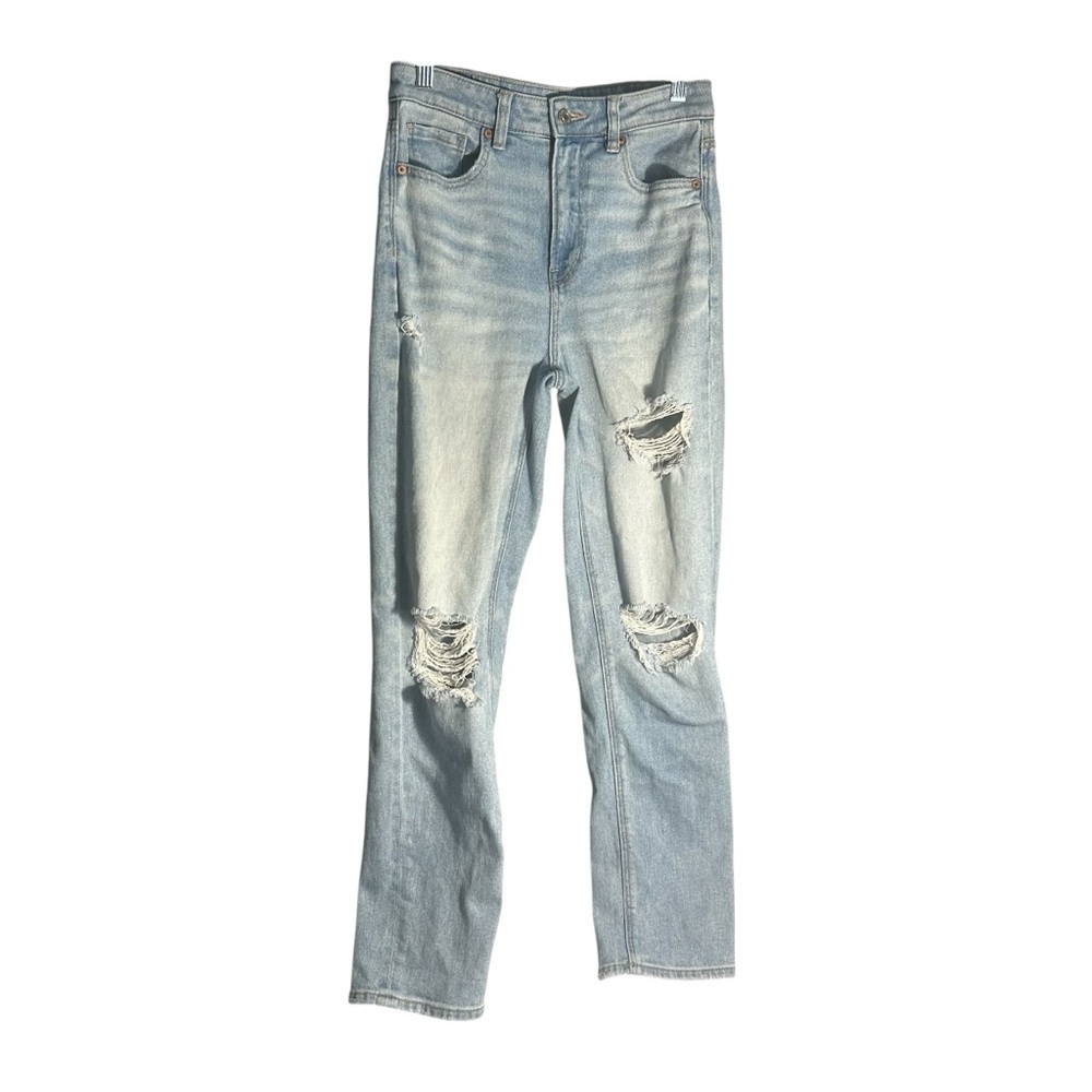 American Eagle Stretch High Rise Mom Jeans Distressed Light Wash Sz 2 Reg